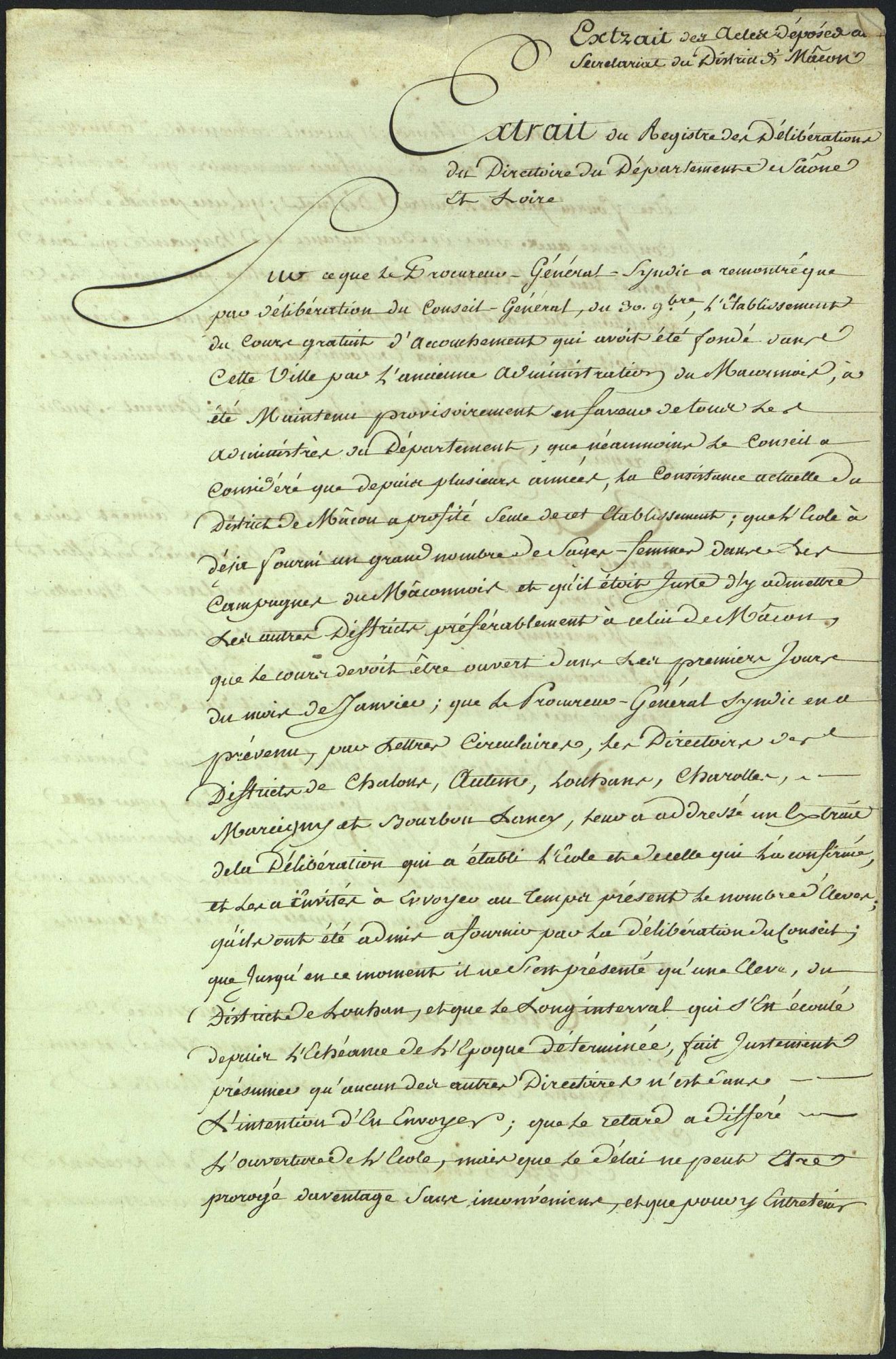 Arrêté du Directoire du département de Saône-et-Loire sur l'organisation de cours d'accouchement (2 F 339, 1791) Page 1/2