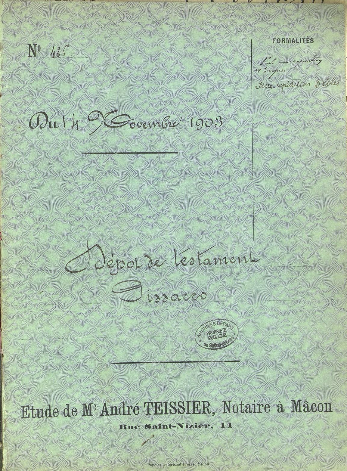 Pépites d'archives, testament de C. Pissaro (3E 24162)