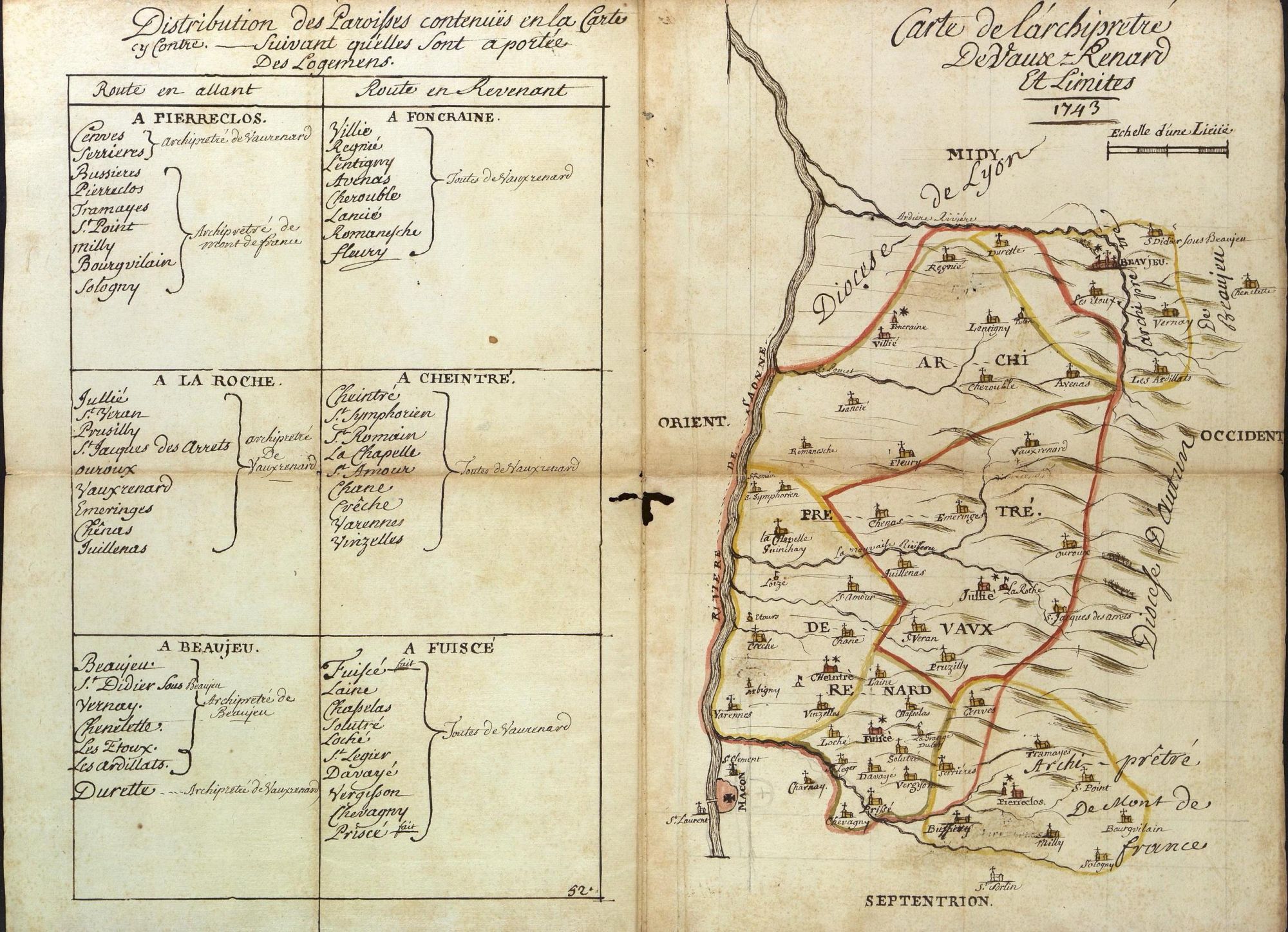 Visites pastorales (carte de l'archiprêtré de Vauxrenard et limites, 1743, 4G 1)