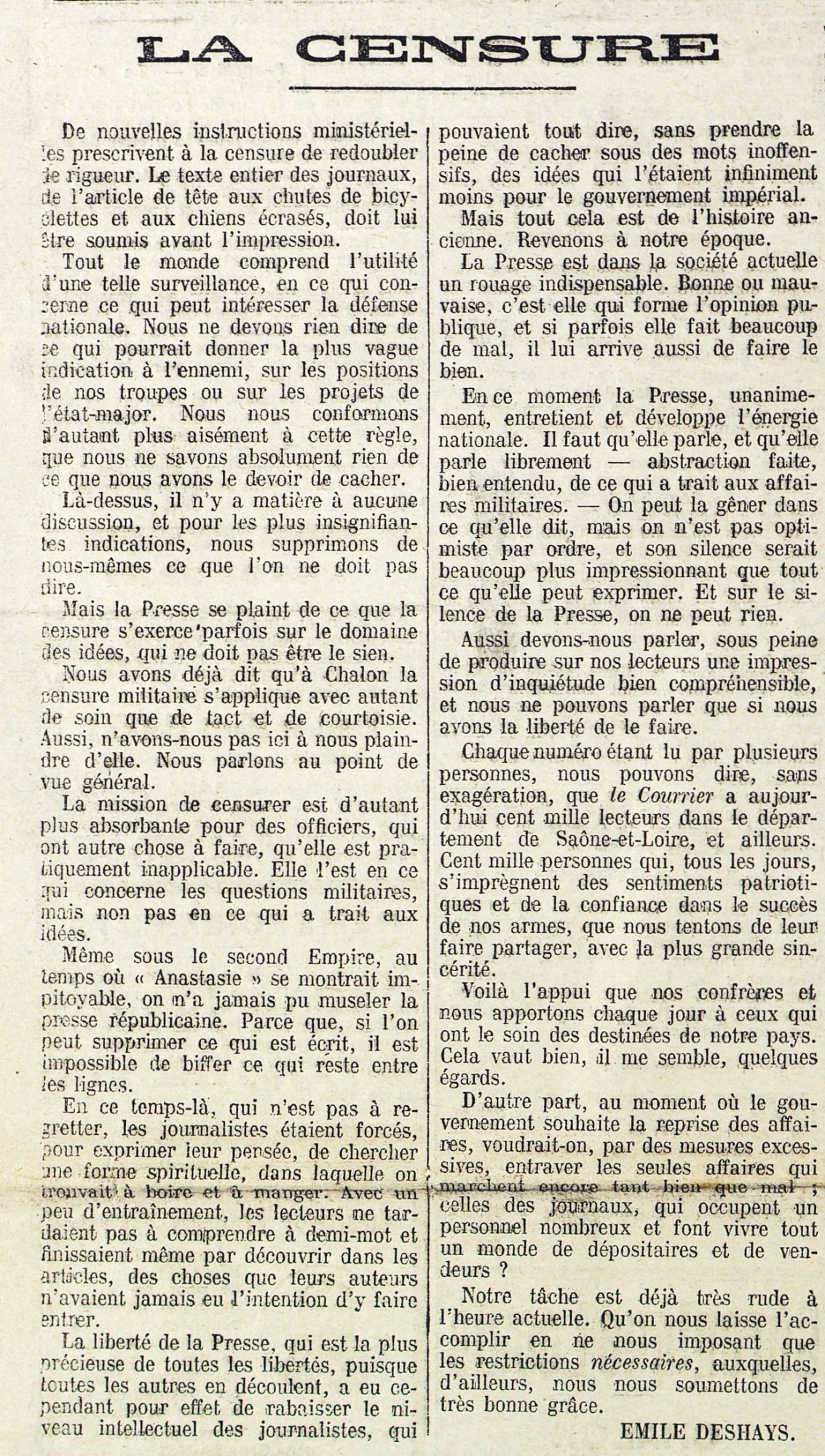 Edito sur la censure paru dans le journal Le Courrier de Saône-et-Loire du 29 septembre 1914 (PR13/110)
