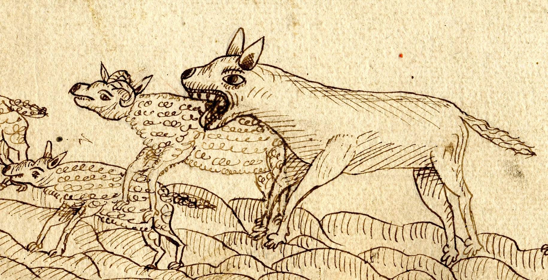 Un loup attaque des moutons, dessin à l'encre sur la couverture d'un cahier de minutes notariales (3 E 30524) 