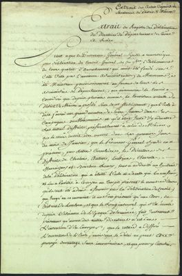 Arrêté du Directoire du département de Saône-et-Loire sur l'organisation de cours d'accouchement (2 F 339, 1791) Page 1/2
