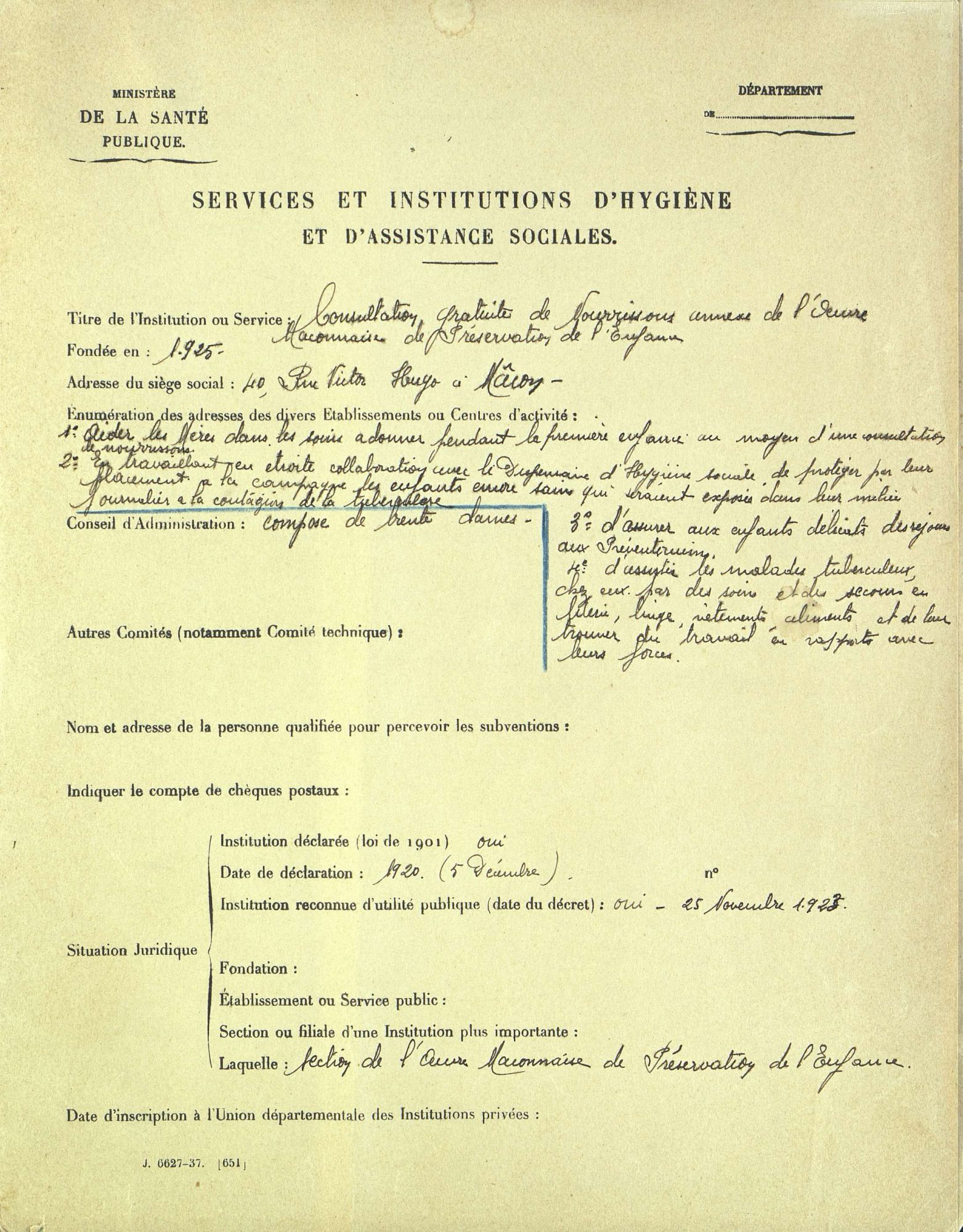 Création d'un service de consultation gratuite pour les nourrissons (3X 1049, 1923-1927)