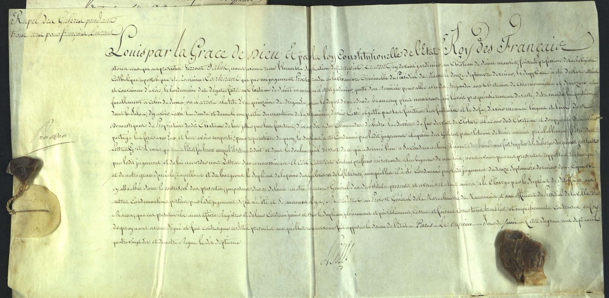 Lettre de rappel des galères signée par Louis XVI concernant François Laurent, révolutionnaire (B 1718, 1790)