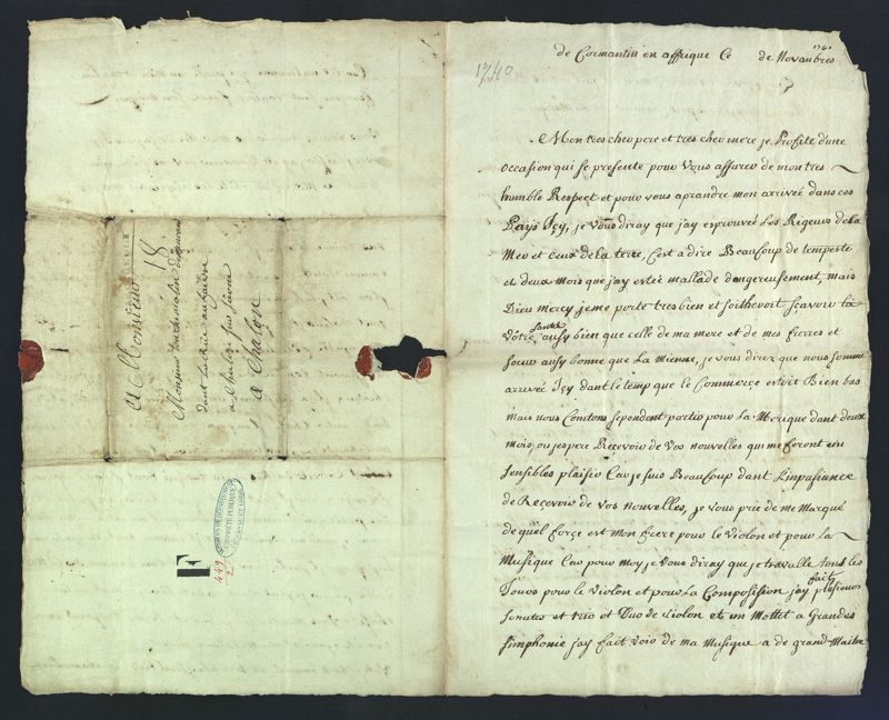 Lettre de Guillaume Touchemoulin, marin dur La Bellonne, novembre 1741 - F 449 (AD 71)