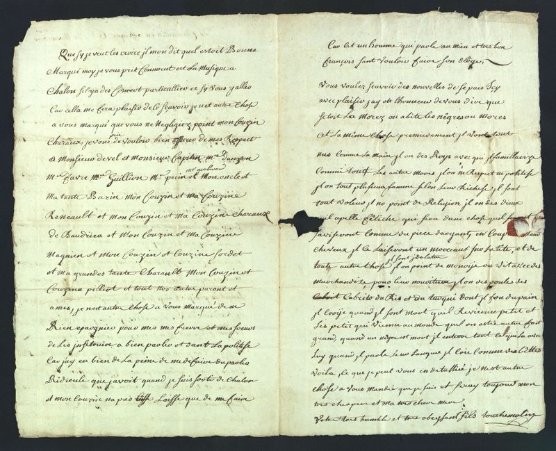 Lettre de Guillaume Touchemoulin, marin dur La Bellonne, novembre 1741 - F 449 (AD 71)