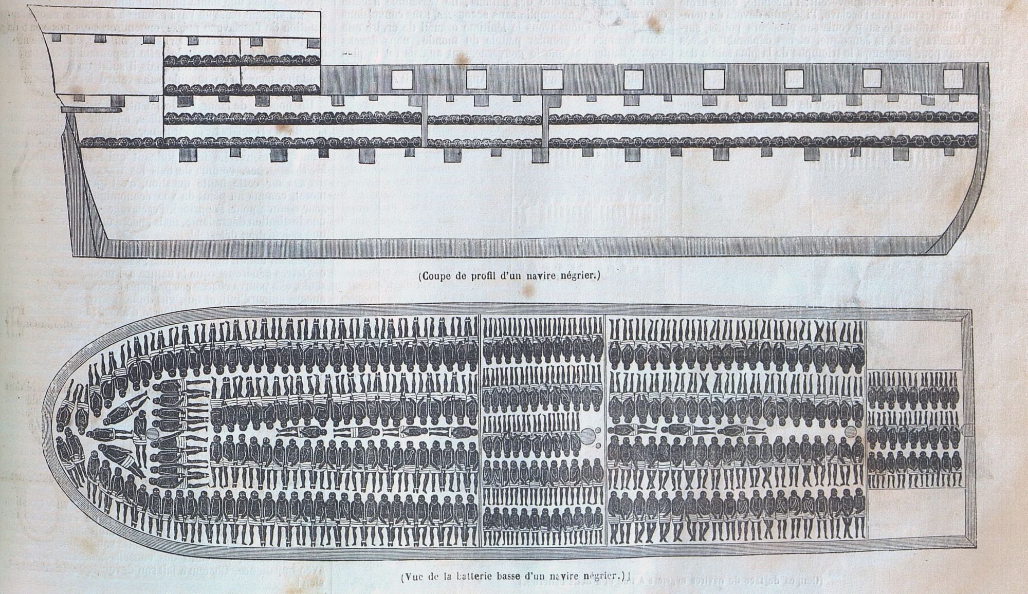 Coupe et vue de la batterie basse d'un navire négrier, journal L'Illustration de 1848 - PR 56/1 (AD 71)
