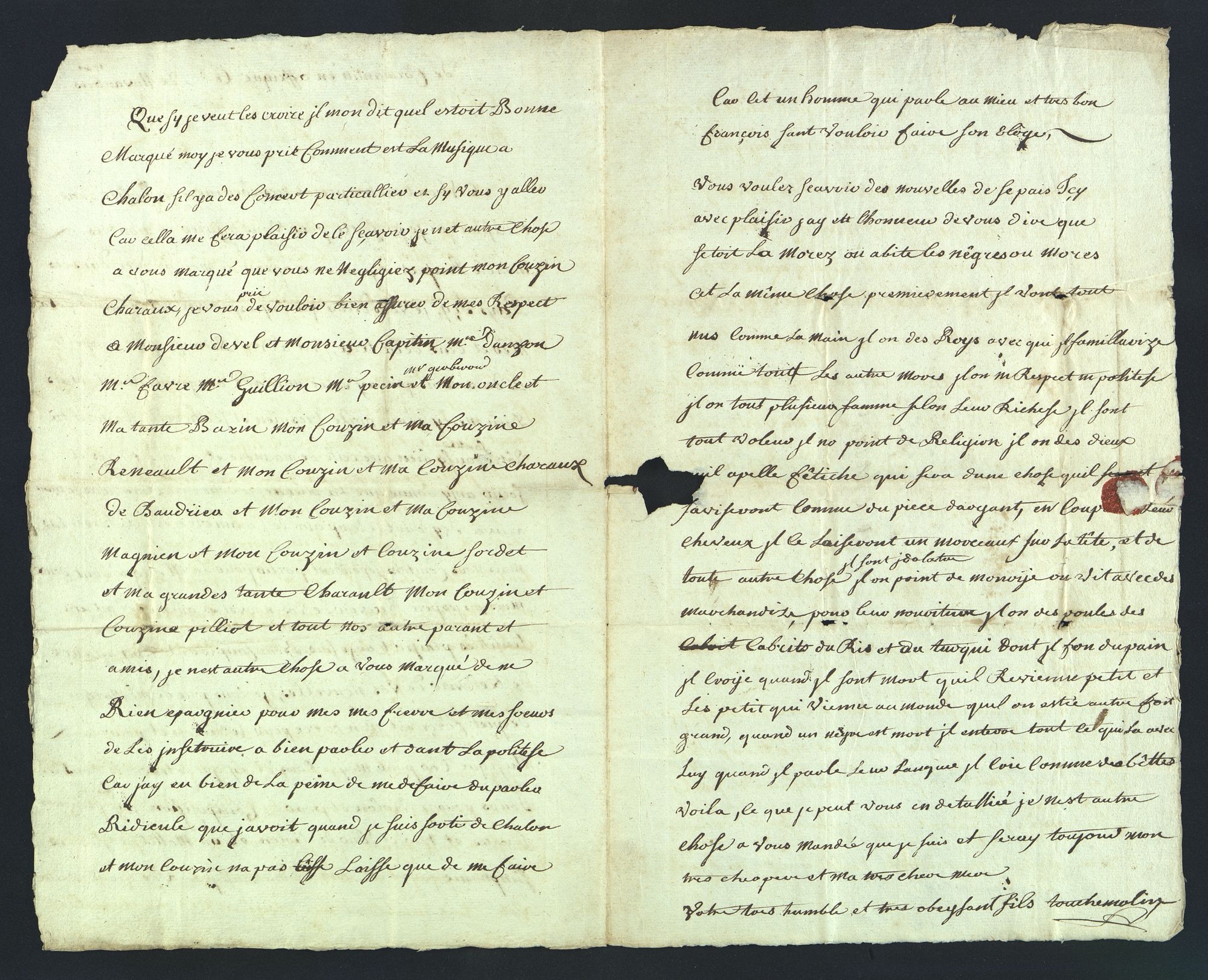 Lettre de Guillaume Touchemoulin, marin sur La Bellonne, novembre 1741 - F 449 (AD 71)