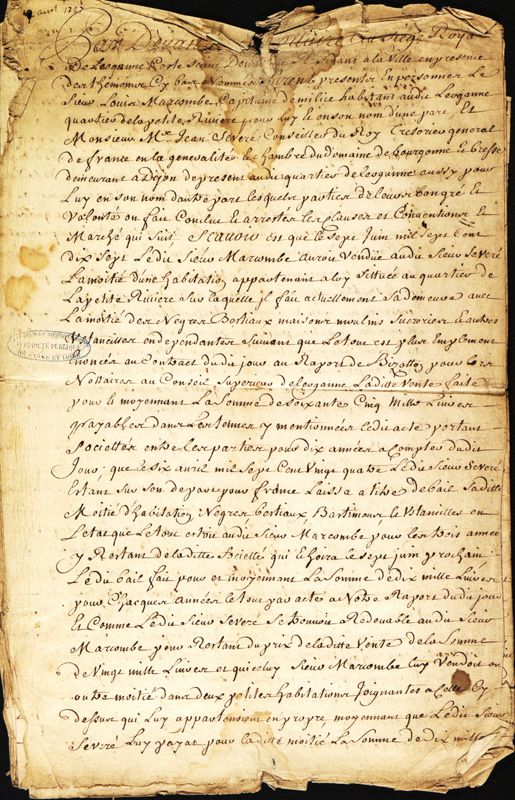Acte de vente d'une habitation à Léogane sur l'île de Saint-Domingue, 1727, page 1 - F 429 (AD 71)
