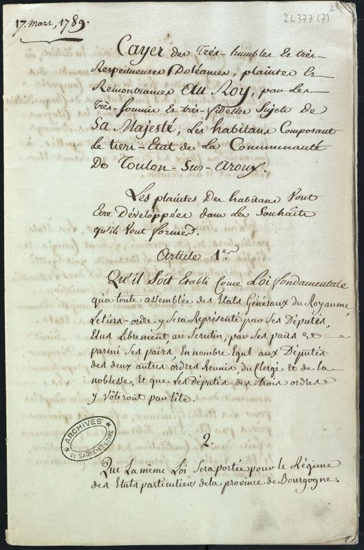Cahier de doléances de Toulon-sur-Arroux, 1789 - 2 L 377 (AD 71)
