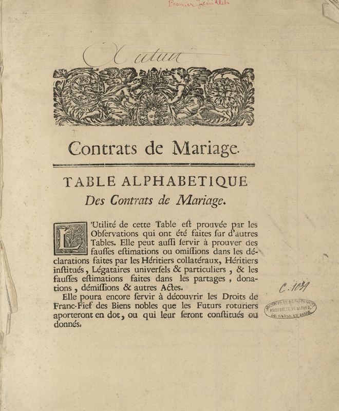 Table des contrats de mariages (extrait, C 1039)