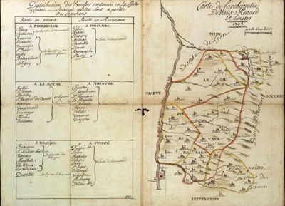 Visites pastorales (carte de l'archiprêtré de Vauxrenard et limites, 1743, 4G 1)