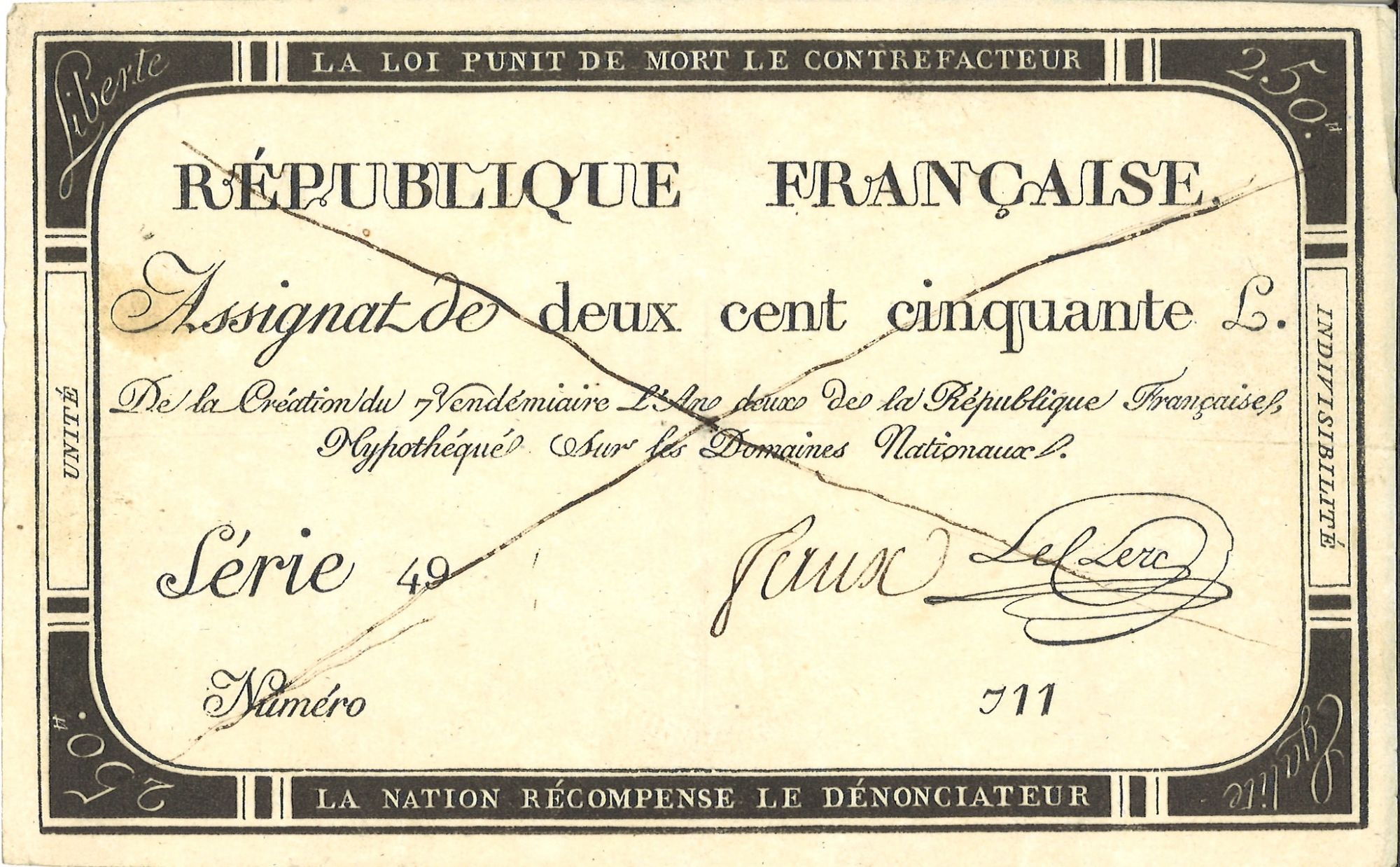 Faux assignat du fonds d'archives de l'hôpital de Cuiseaux (H DEP Cuiseaux 4972)