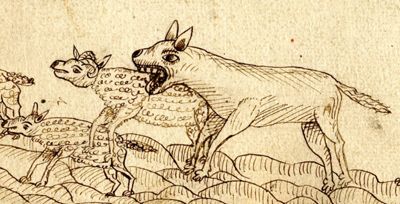 Un loup attaque des moutons, dessin à l'encre sur la couverture d'un cahier de minutes notariales (3 E 30524) 