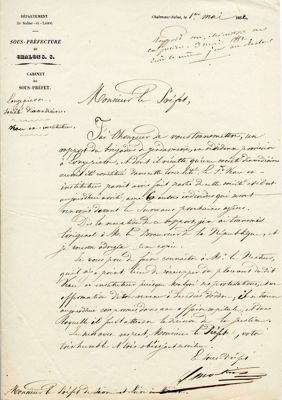 Rapport du sous-préfet de Chalon-sur-Saône au préfet, 1er mai 1852 (M 121)