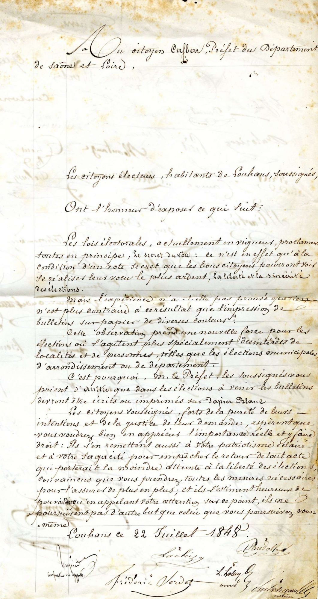 Pétition en faveur du droit de vote secret, Louhans, juillet 1848, page 1/3 (M 1095)