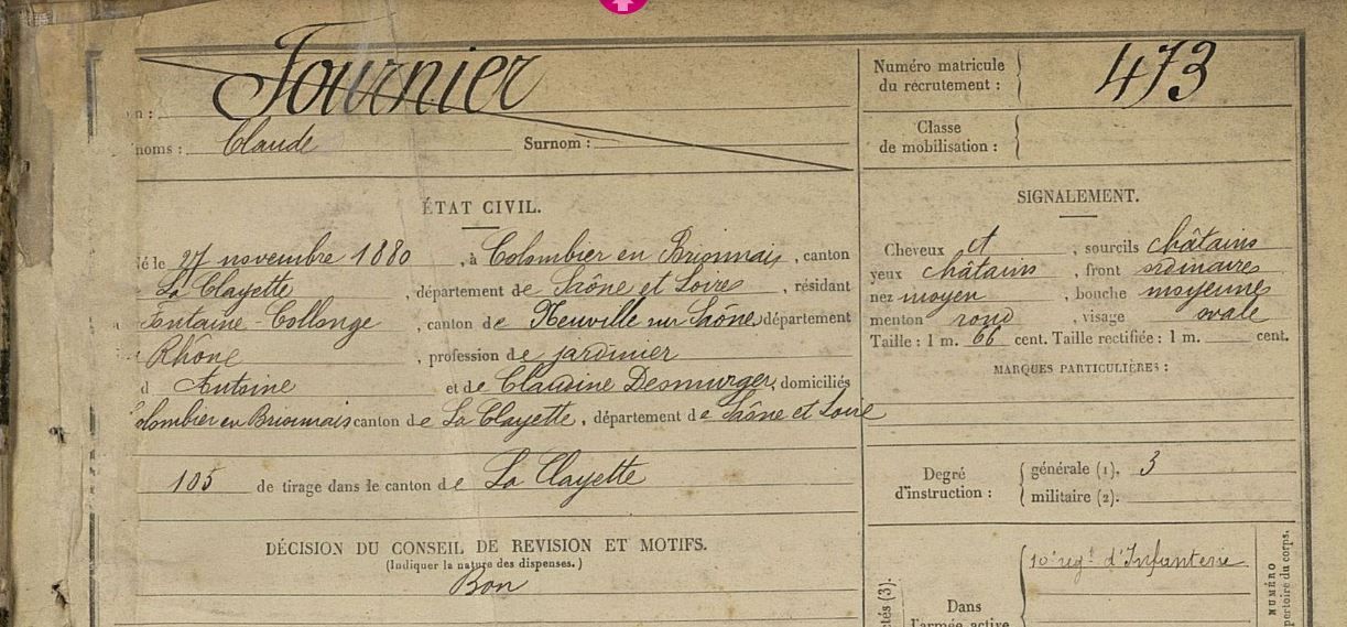 La fiche matricule de Claude Fournier a été indexée à 10h19 ce 23 février !                                    Le premier poilu identifié par ADN de Colombier-en-Brionnais