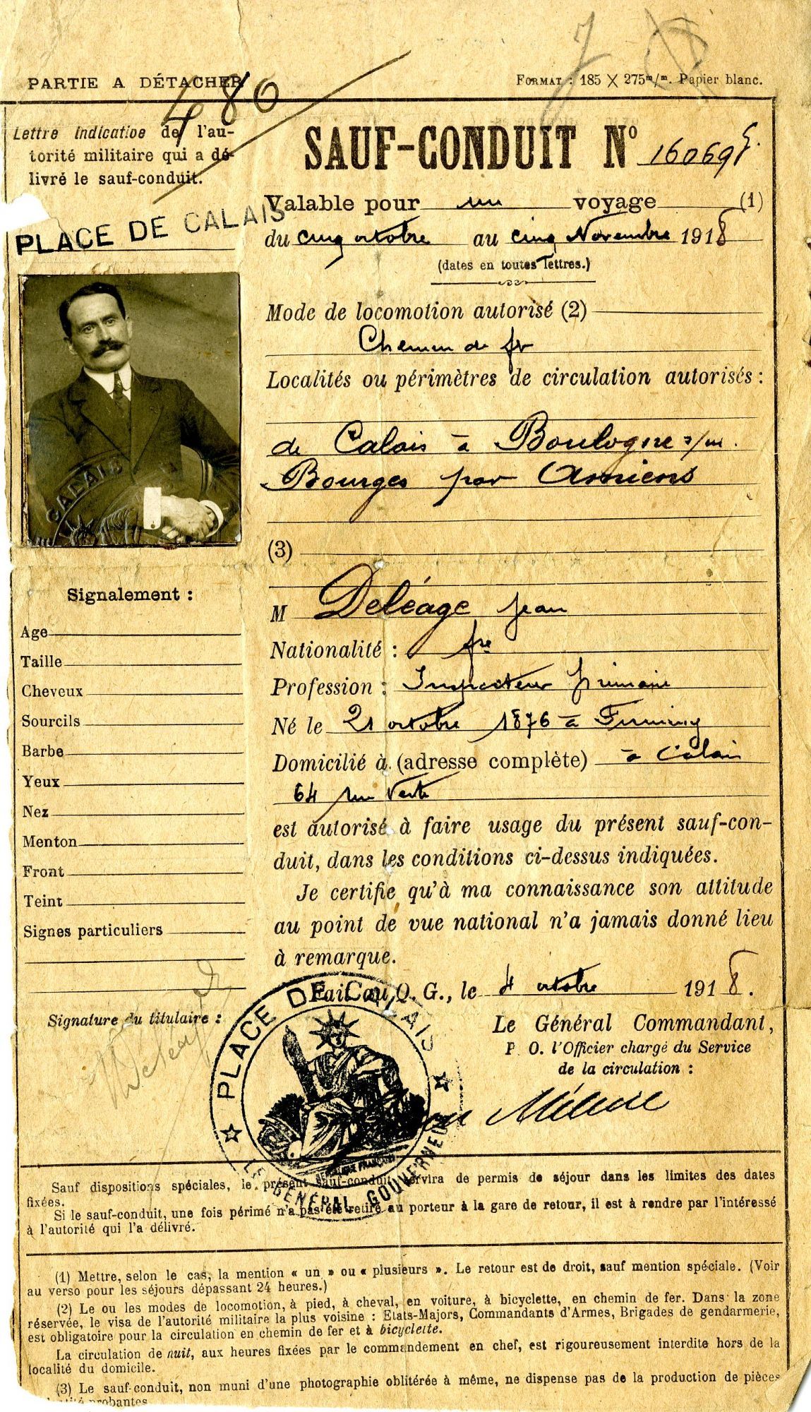 Sauf-conduit de Jean Déléage pour la zone des Armées de Calais, 1918