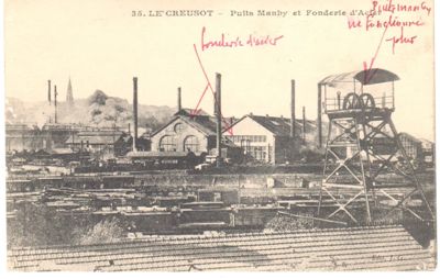 Puits Manby et Fonderie d'acier. Carte postale mise en circulation le 11 juillet 1918. Collection privée.