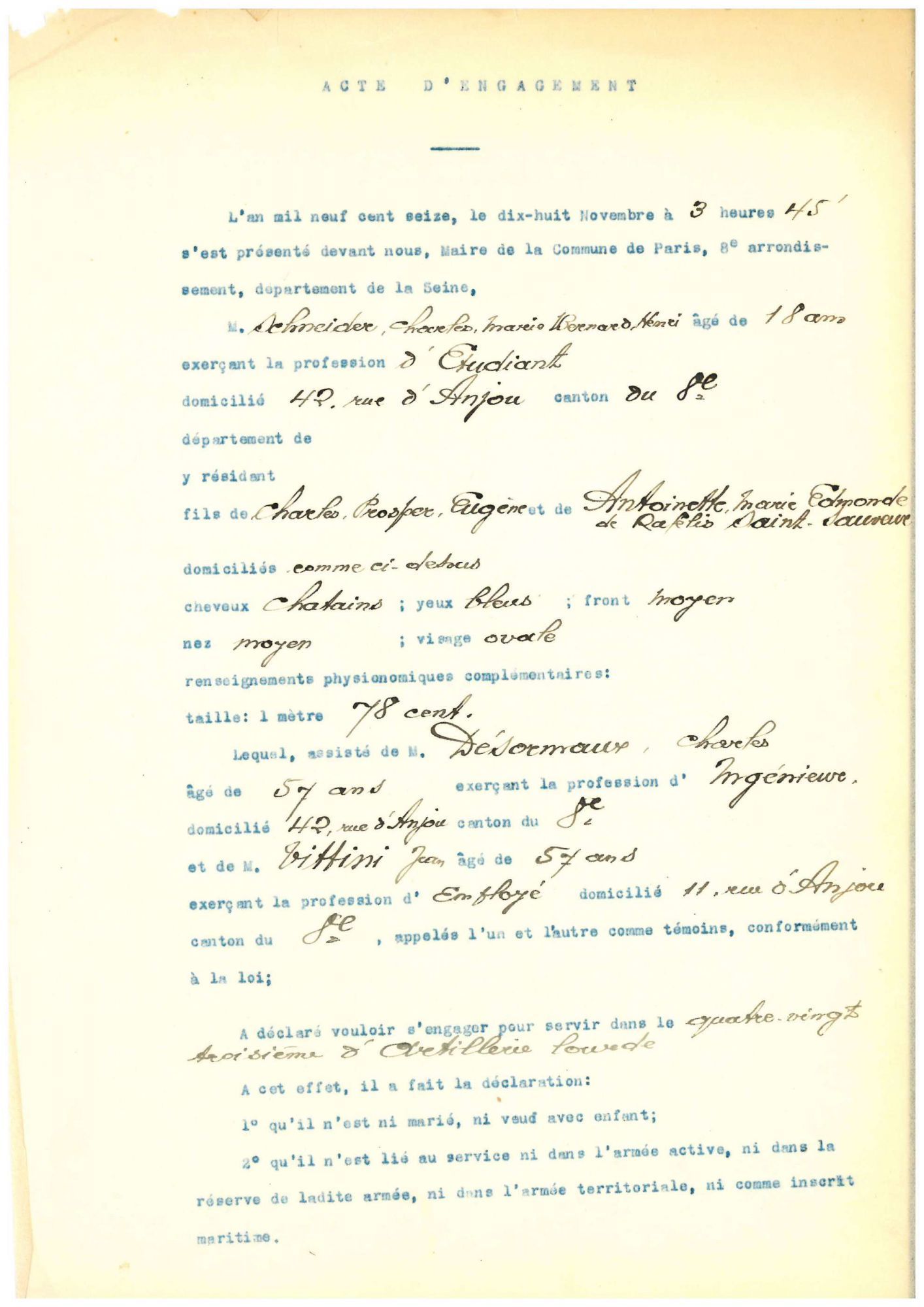 Fiche d'engagement de Charles Schneider, p.1. AFB, SS0020-01 1