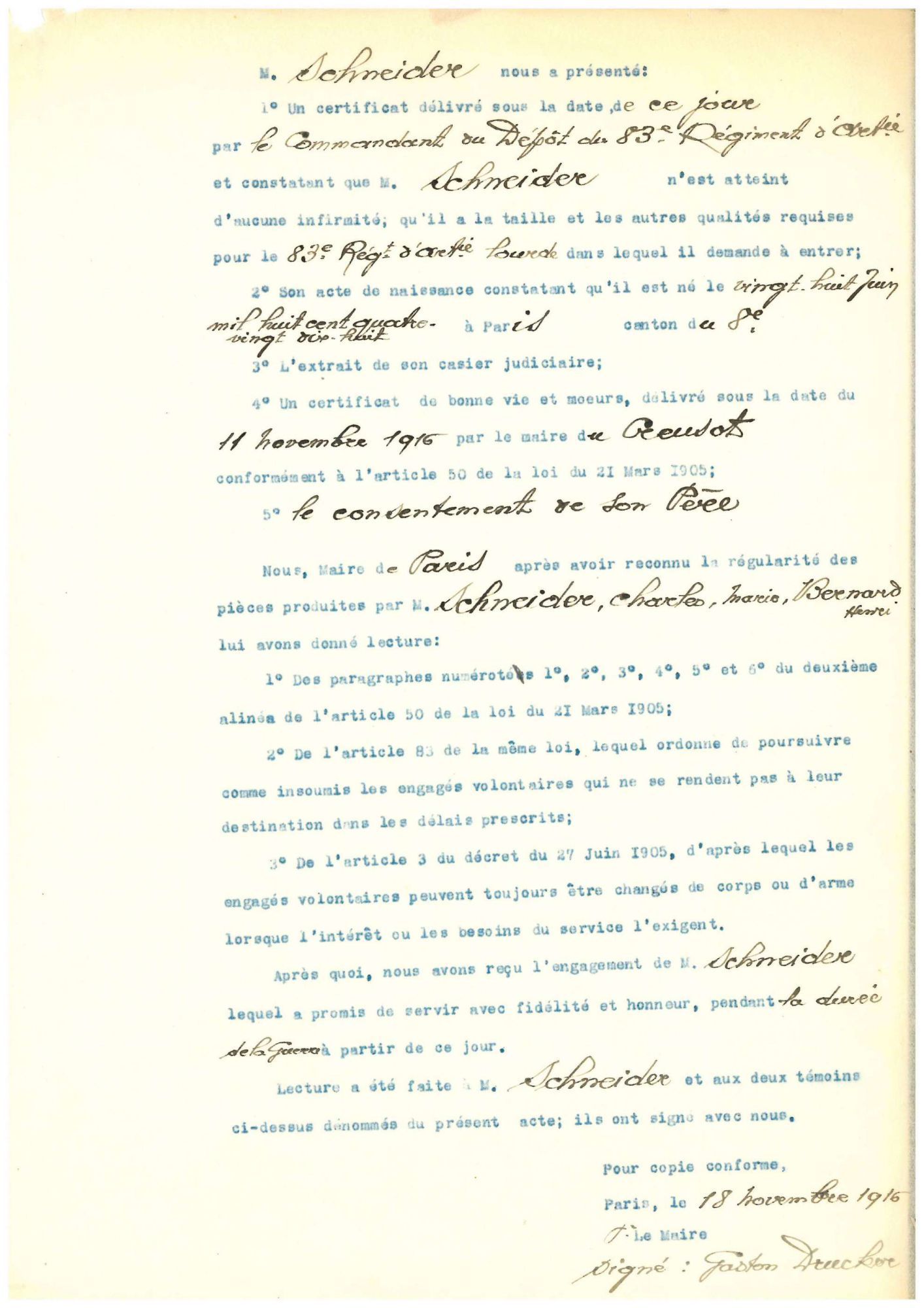 Fiche d'engagement de Charles Schneider, p.2. AFB, SS0020-01 2