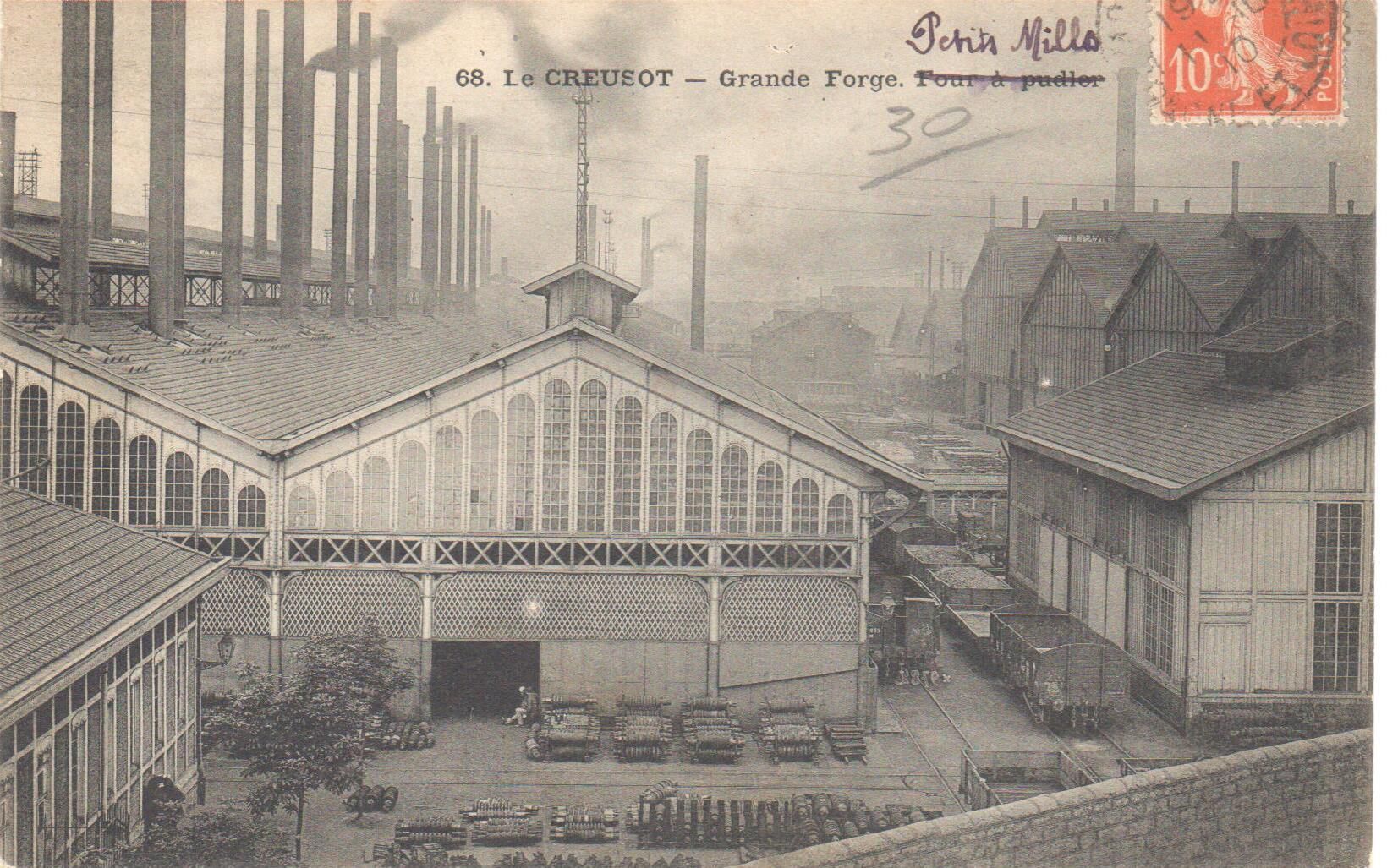 Le Creusot. Grande Forge et [mention manuscrite ajoutée] Petits Mills. Carte postale mise en circulation le 11 octobre 1910. Collection privée.