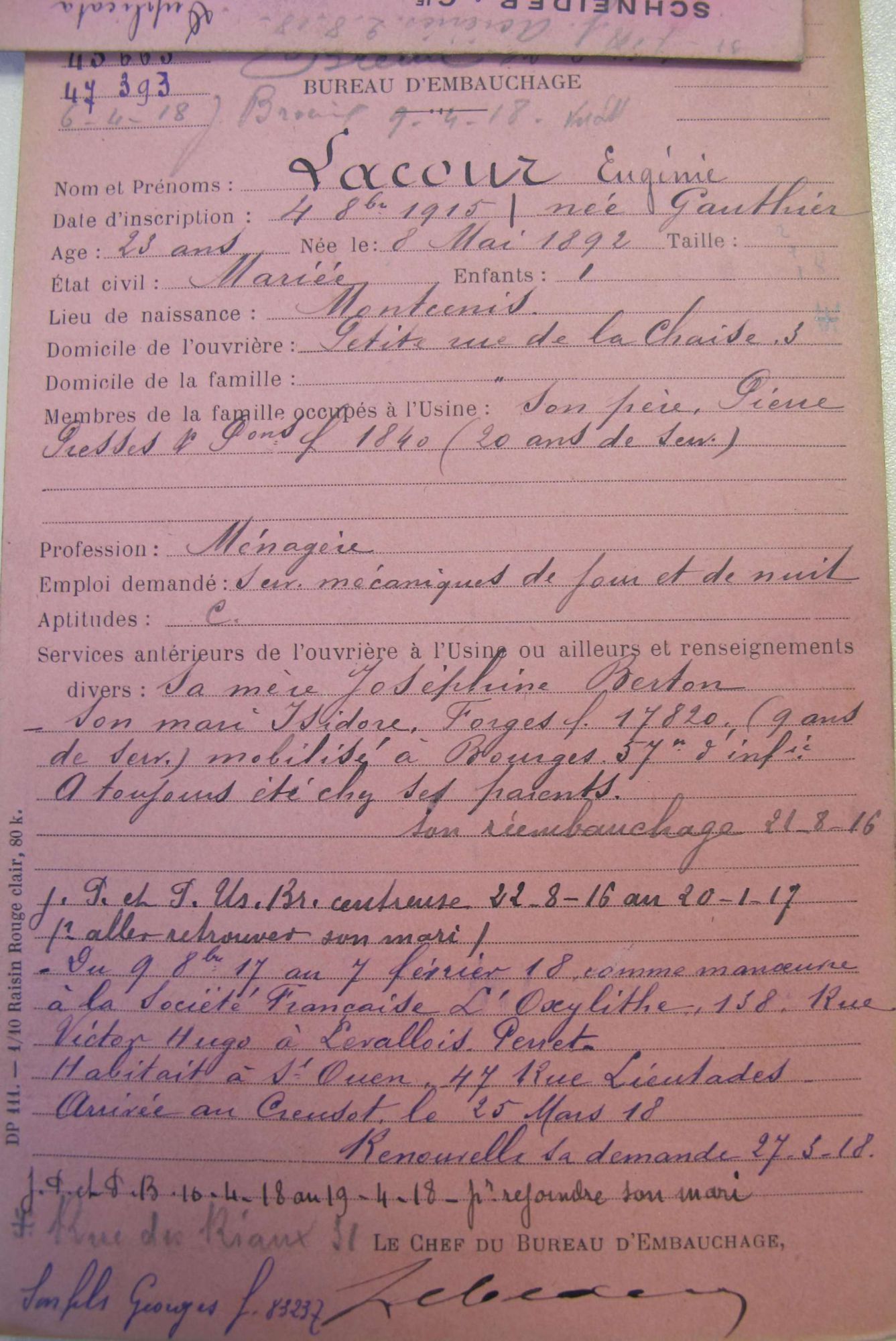 Exemple de fiche d'ouvrière. Collection AFB