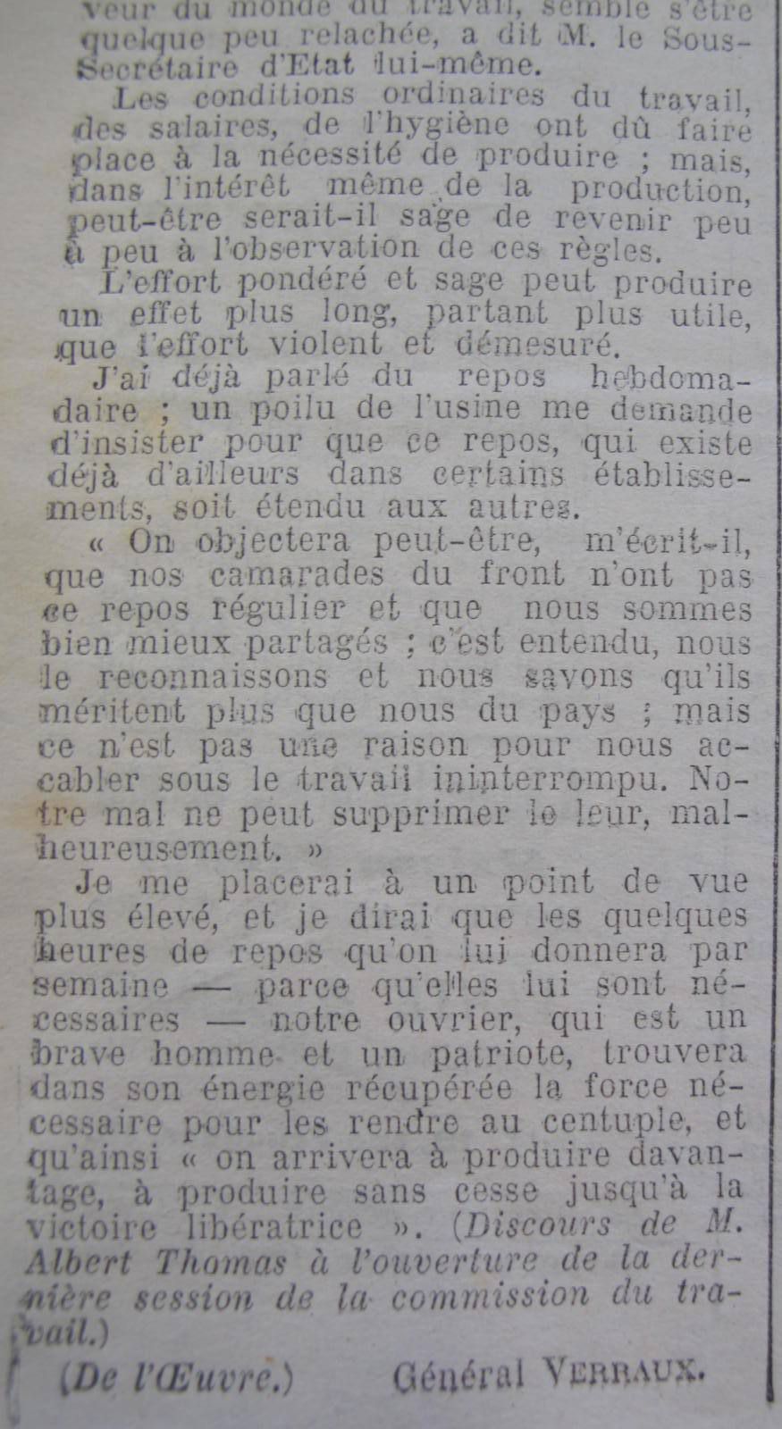 Général Verraux, "Le travail dans les usines de guerre"