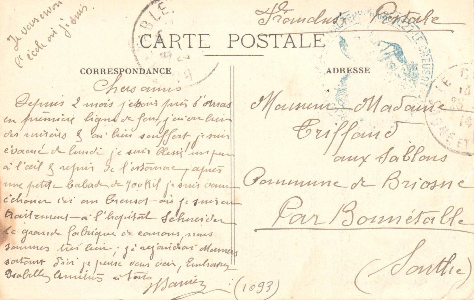 Correspondance envoyée depuis un hôpital du Creusot. Collection privée.