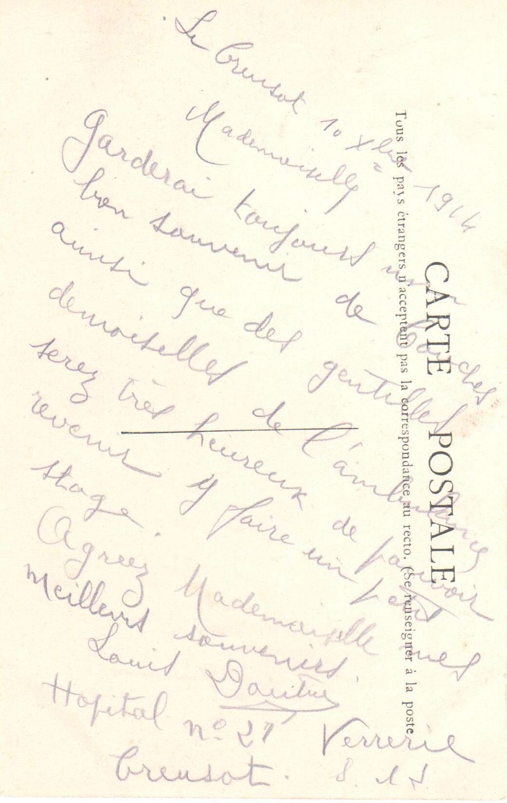Correspondance envoyée depuis un hôpital du Creusot. Collection privée.	