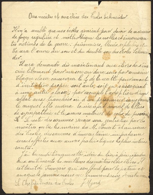  "Aux maîtres et aux élèves des écoles Schneider". CUCM, document Ecomusée.