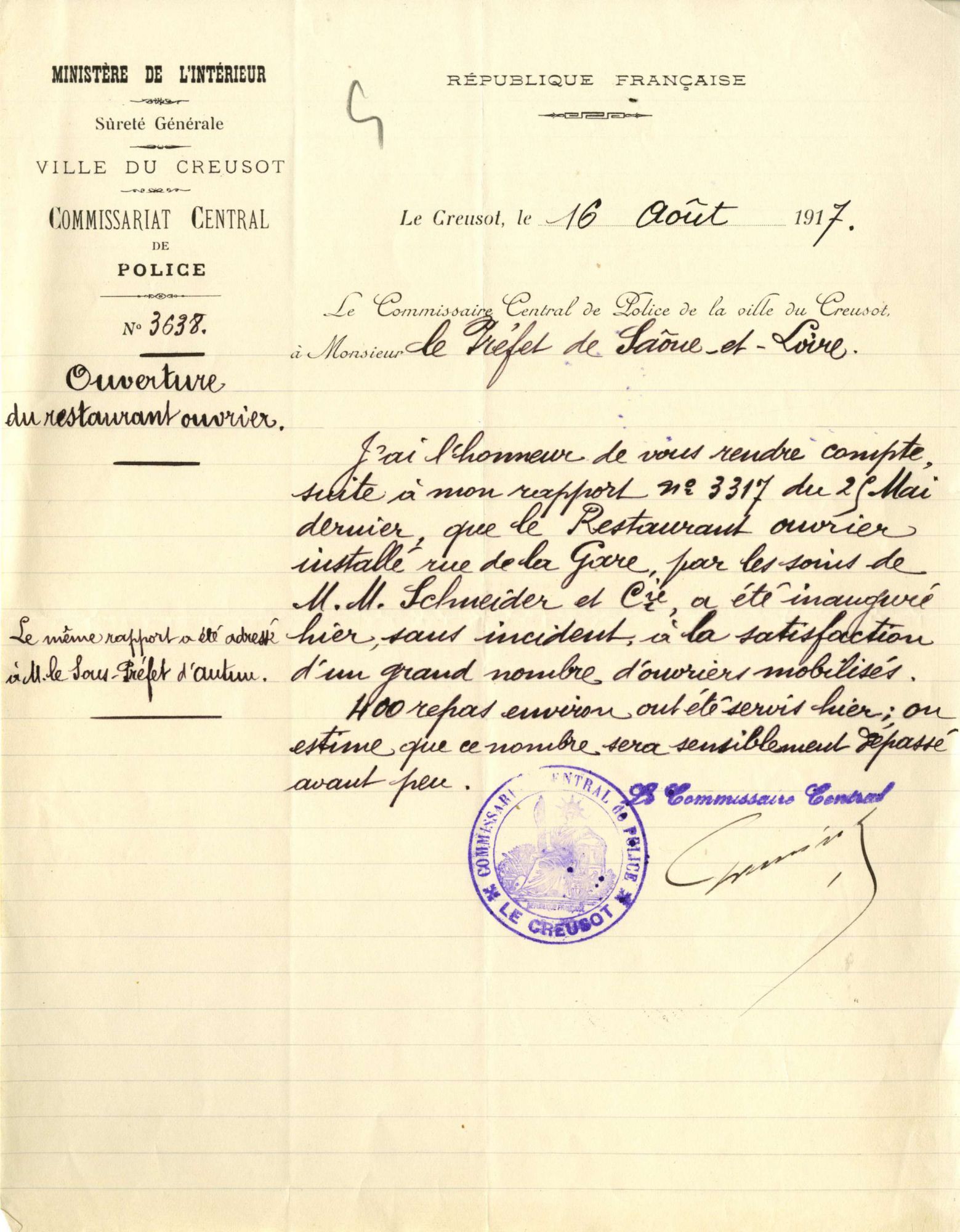 Lettre du commissaire central du Creusot au préfet