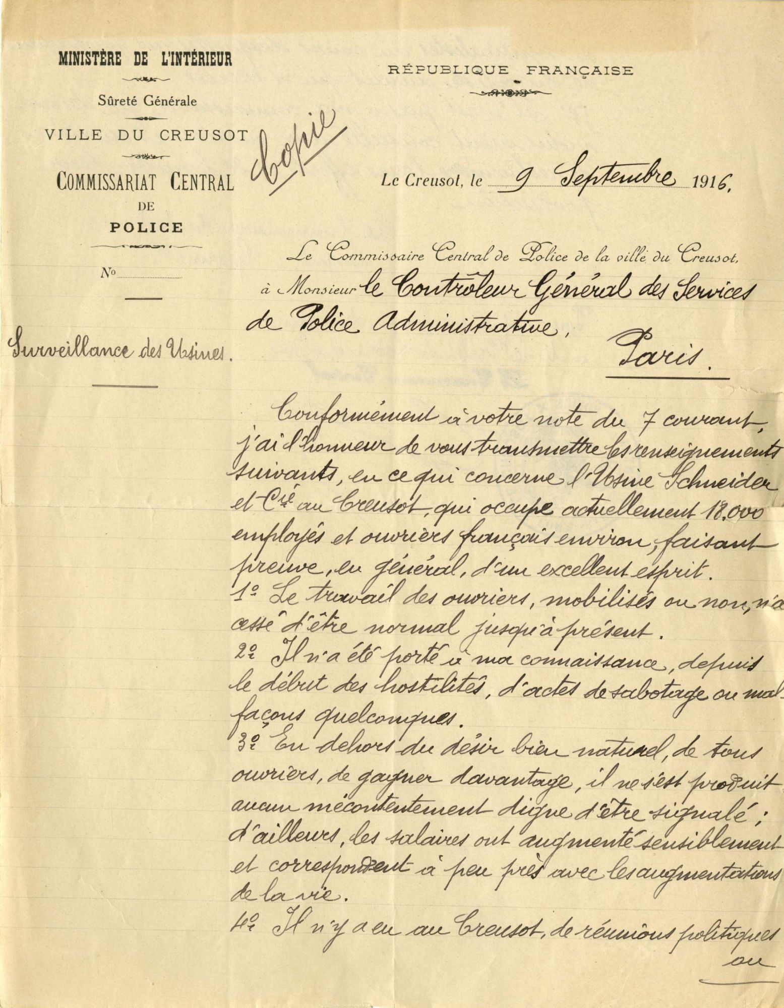 9 septembre 1916, page 1/2. ADSL M 3311,