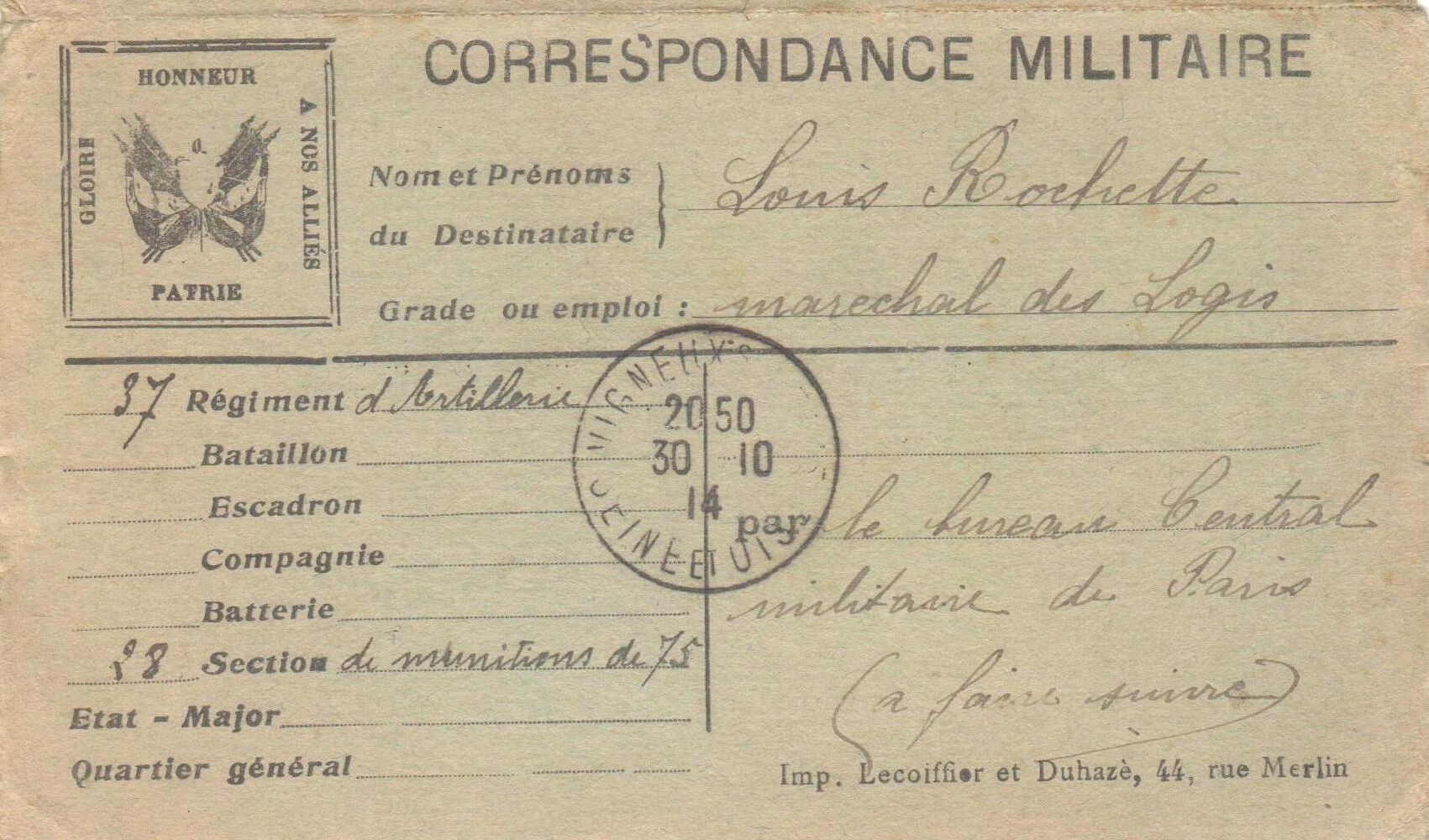 Correspondance militaire de Louis Rochette, carte en circulation le 30 octobre 1914. Collection Rochette