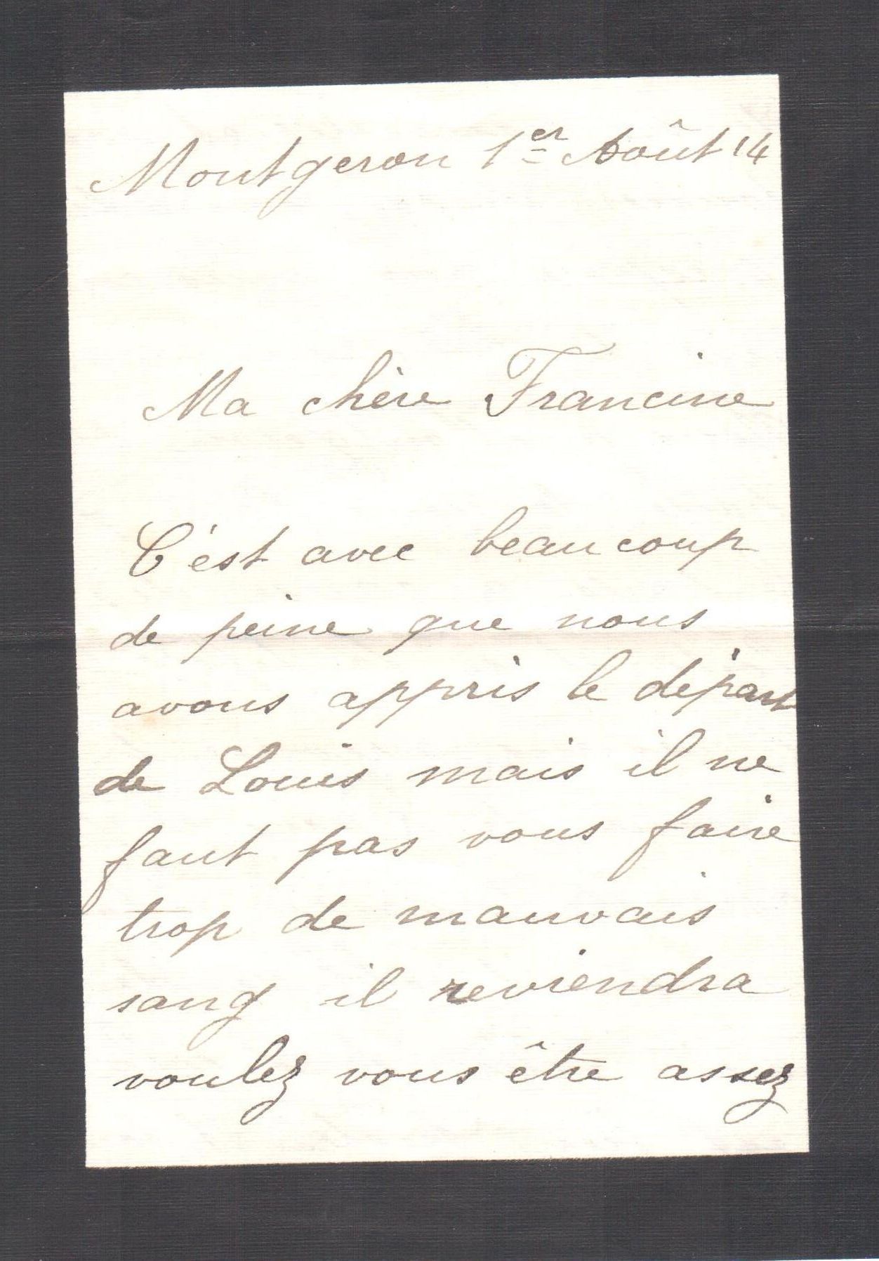 Lettre d'Octavie à Francine, 1er août 1914, page 2/3. Collection Rochette