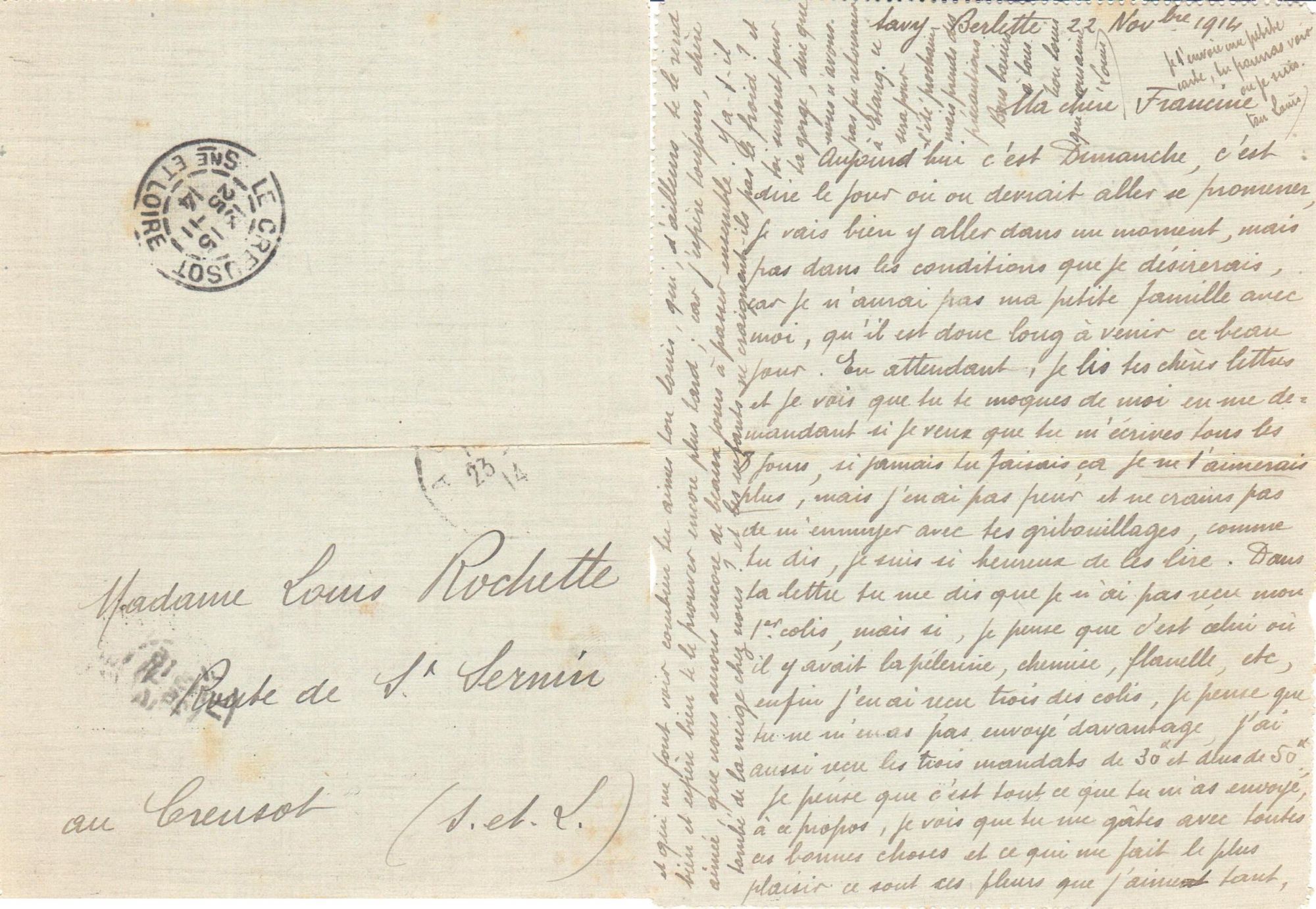 Louis à Francine, 22 novembre 1914. Collection Rochette 