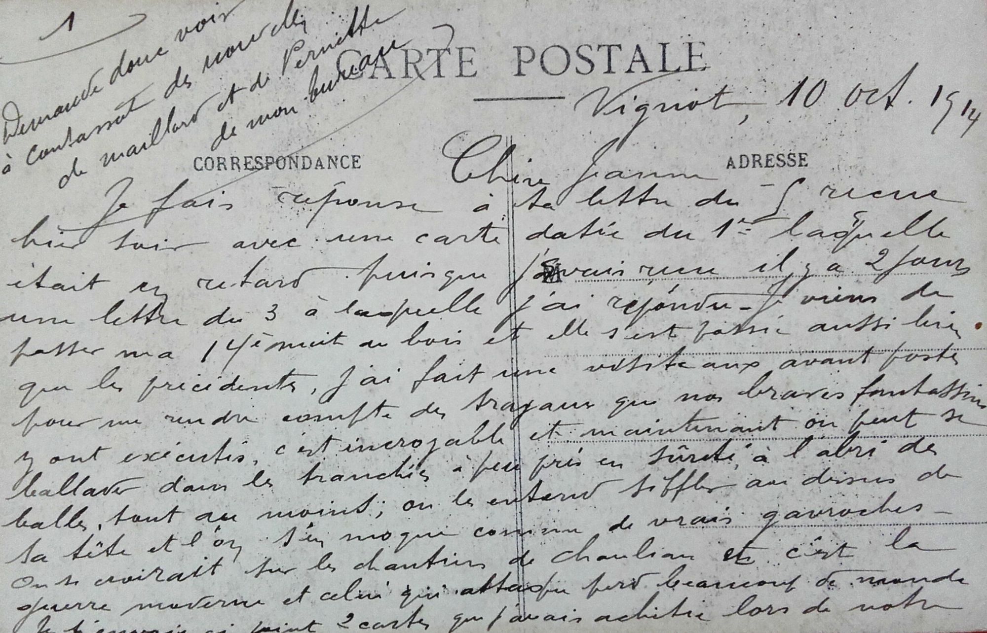 Lettre de Jean Jusot à son épouse Jeanne, 10 octobre 1914. CUCM, dépôt Famille Jusot