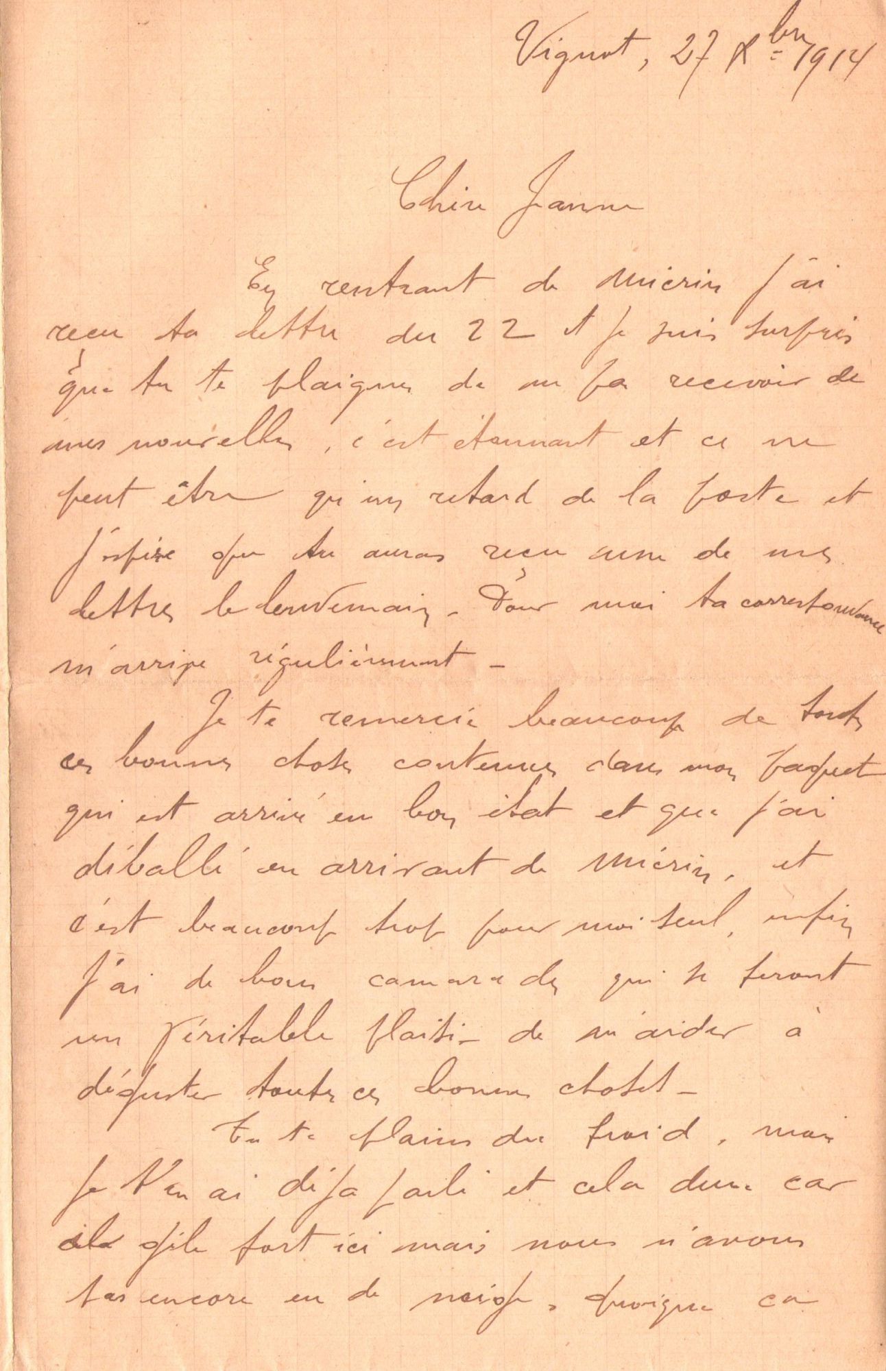 Lettre de Jean Jusot à son épouse Jeanne, 27 décembre 1914. CUCM, dépôt Famille Jusot