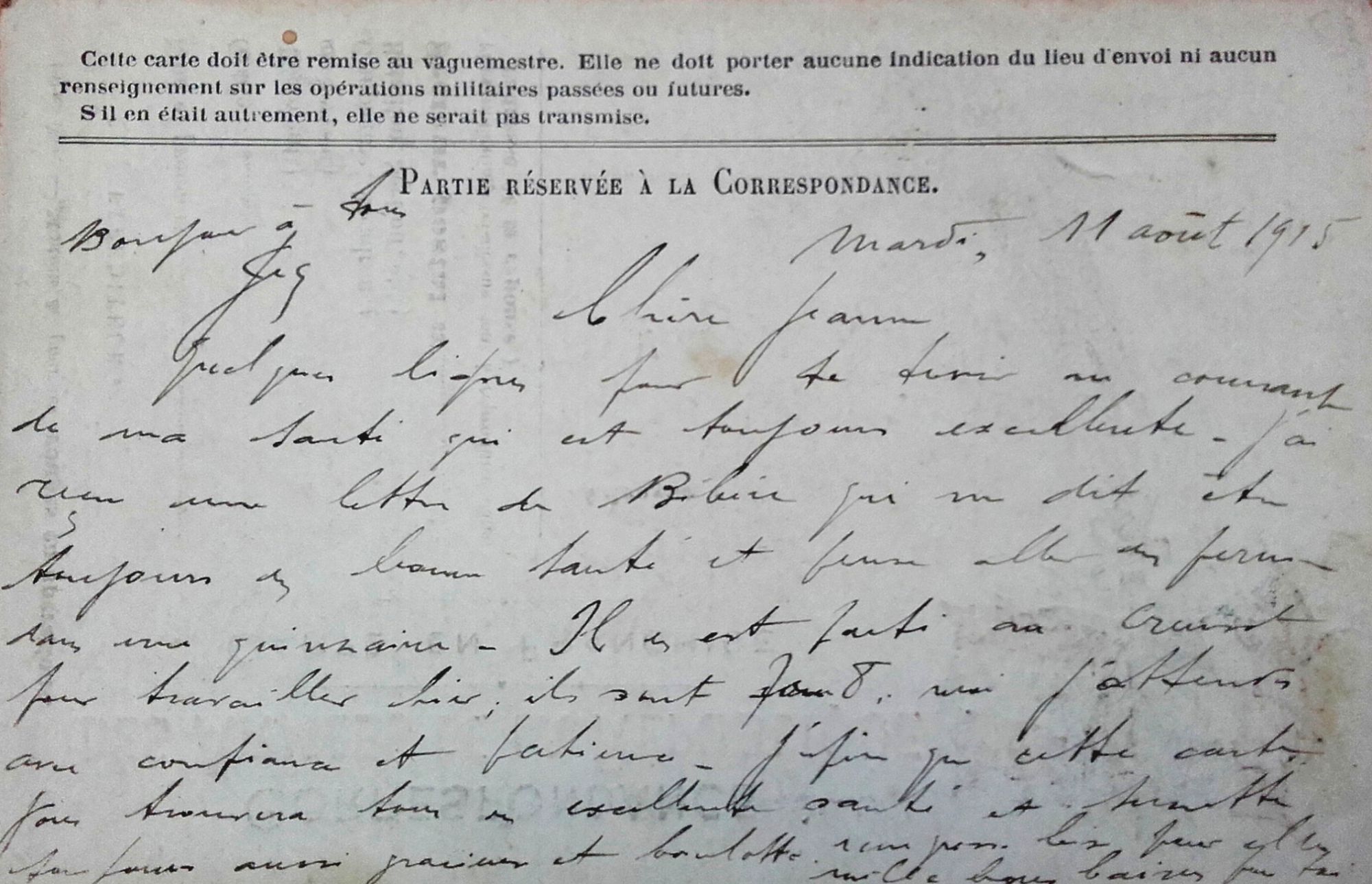 Lettre de Jean Jusot à son épouse Jeanne, 11 août 1915. CUCM, dépôt Famille Jusot