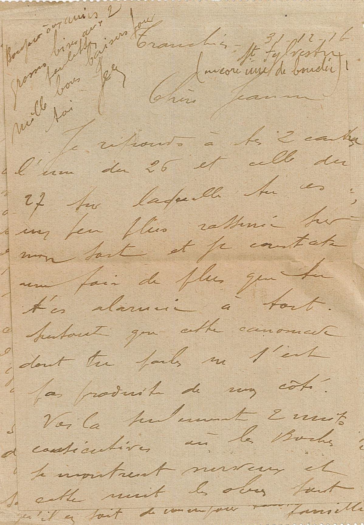 Lettre de Jean Jusot à son épouse Jeanne, 31 décembre 1916, page 1/2. CUCM, dépôt Famille Jusot