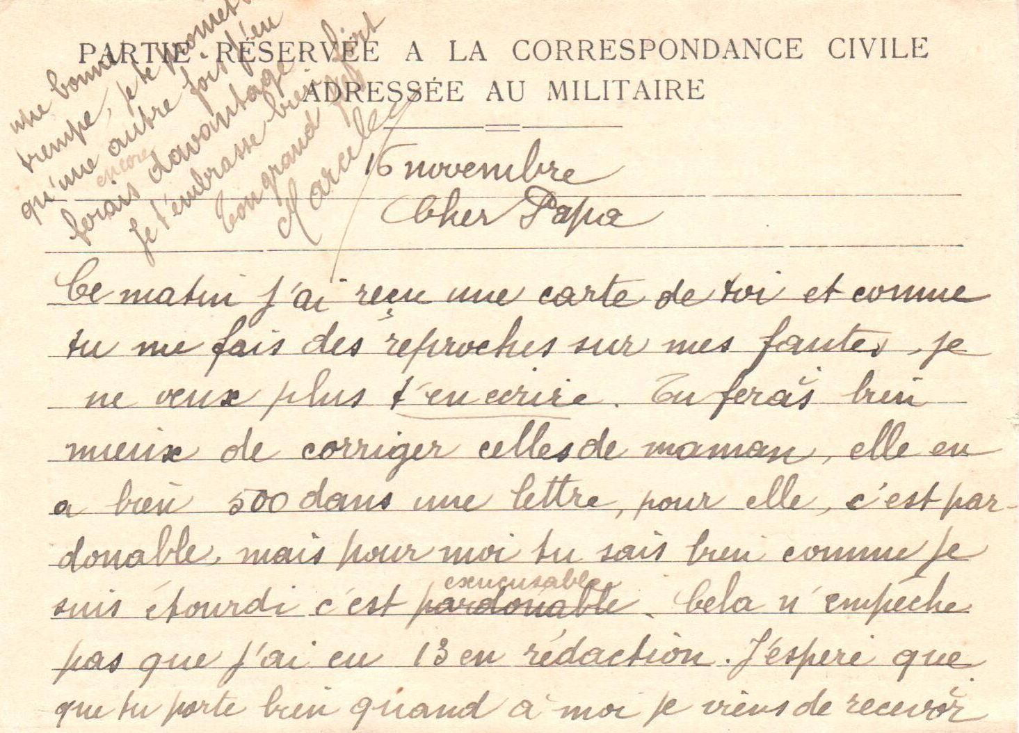 Marcel Rochette à son père, 16 novembre 1914. Collection Rochette
